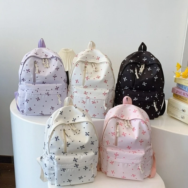 Back To School Season Playful Bow Print Backpack Quilted Multi-Pocket Adjustable Straps Large Capacity Backpack for Daily Use