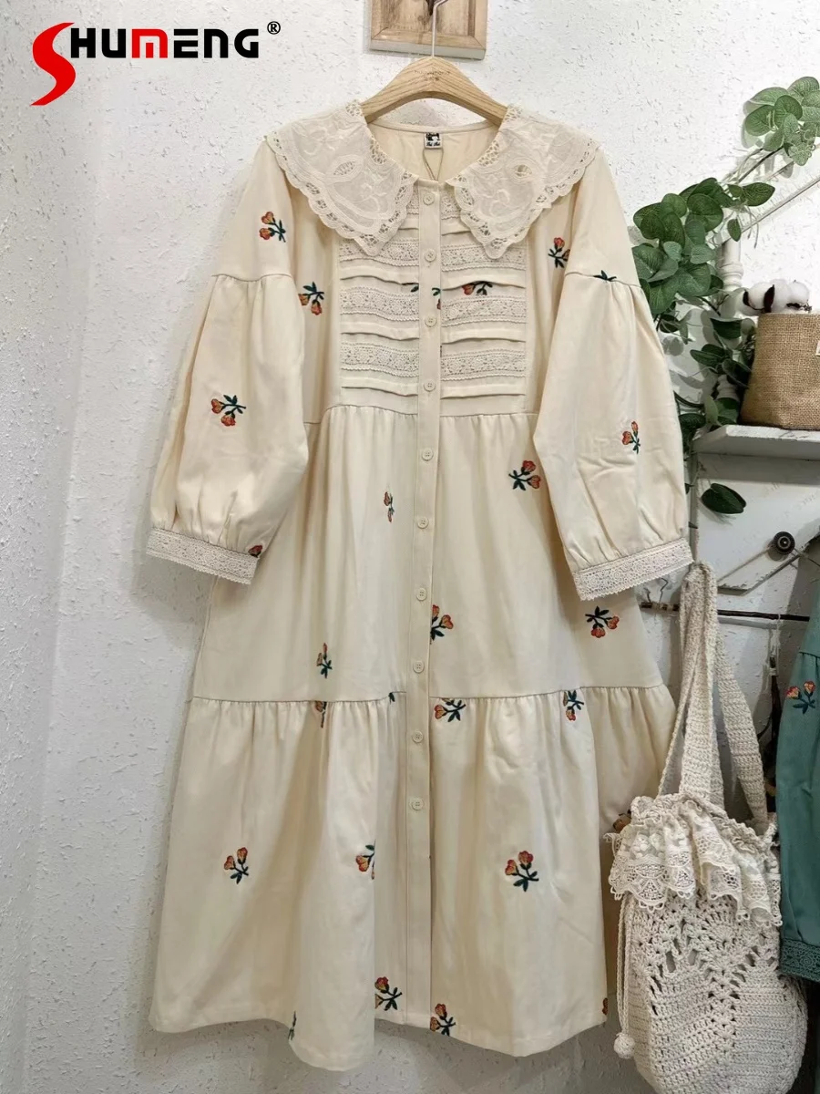 

Mori Girl Style Vintage Embroidered Doll Collar Dress Women's Spring and Autumn Mid-Length Loose Lantern Sleeve Trench Coats