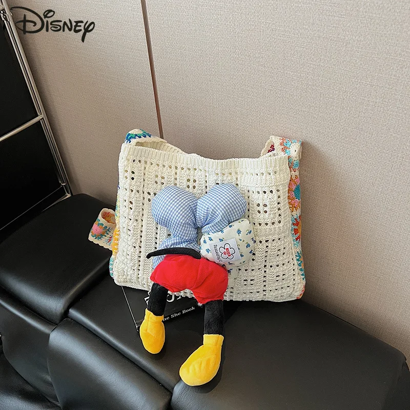 

Disney New Women's Handbag Fashion High Quality Woven Crossbody Bag Cartoon Versatile Large Capacity Girl Shopping Storage Bag