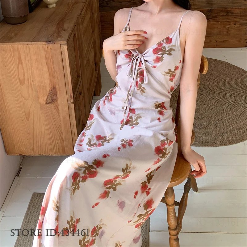 

Elegant French Style Suspender Nightgown Women Sleepwear Print Flower Long Nightdress Lingerie Sexy Homewear Holiday Beach Dress