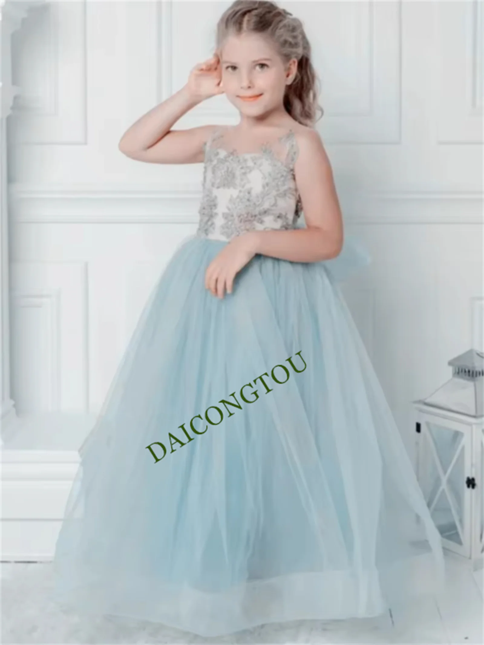 Robes de première Communion personnalisées, robes à fleurs d'ange gris pour filles, en Tulle, avec des Appliques bouffantes, sans manches, pour mariage, fête d'anniversaire pour enfants