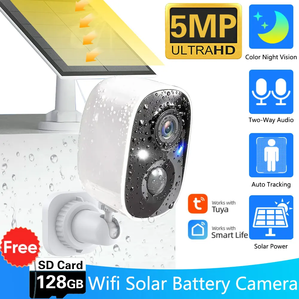 5MP Solar Camera Wifi Panel Tuya Outdoor 2-Way Audio WiFi Security Protection External Wifi Survalance Spotlight Wireless Camera