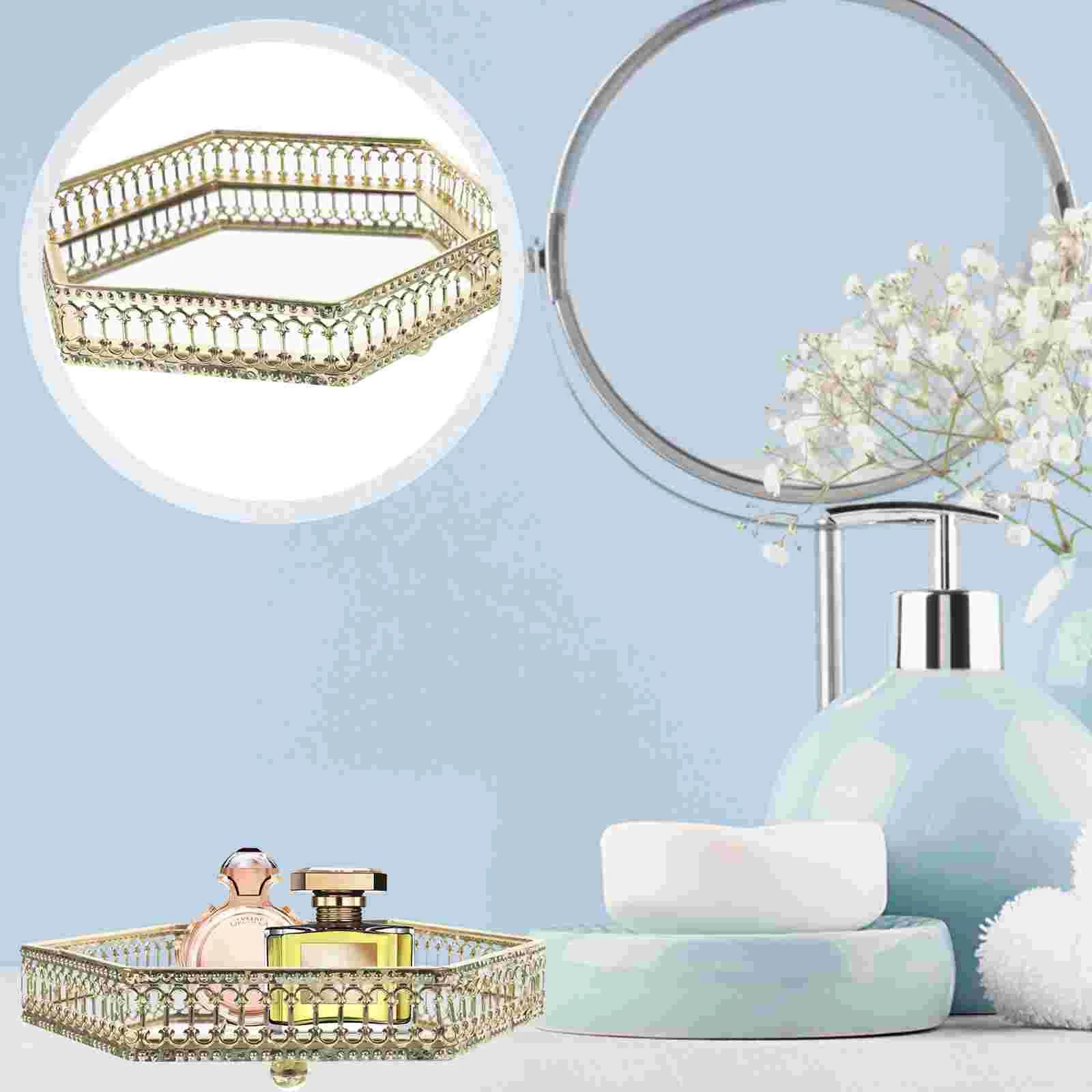 

Wrought Iron Tray Vintage Decor Dresser Ring Holder Trinket Perfume Light Luxury Glass Iron Bedroom Earring Dish Decorative