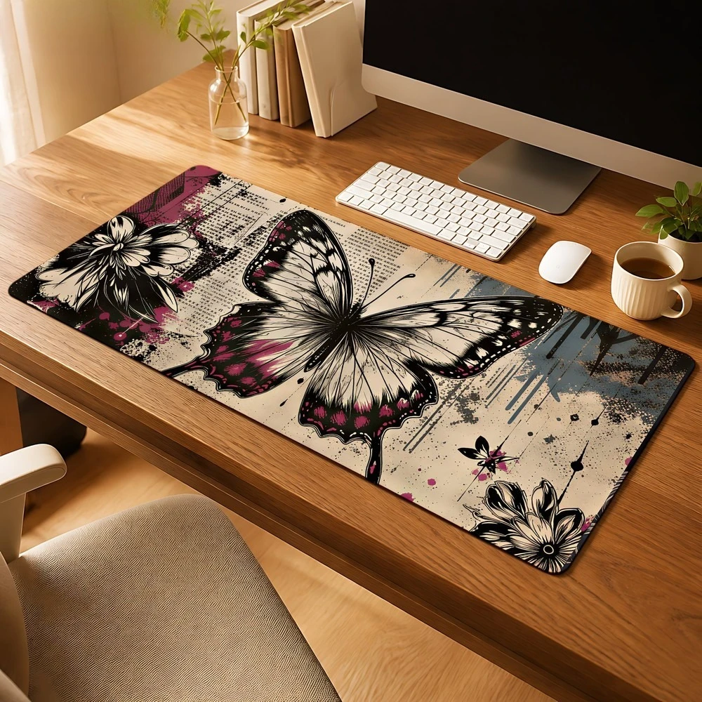 Black and white butterfly flower pattern mouse pad, anti-slip, suitable for office desks, desk decoration accessory