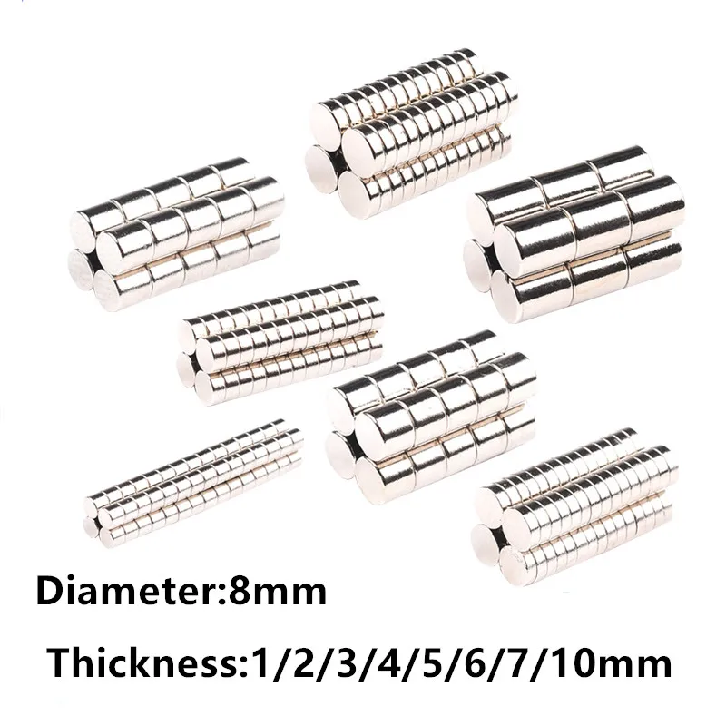 10PCS 8mm Diameter Neodymium Magnet 1/2/3/4/5/6/7/10 Mm Thick Rare Earth Strong Magnet N35 Permanent Neodymium Magnet