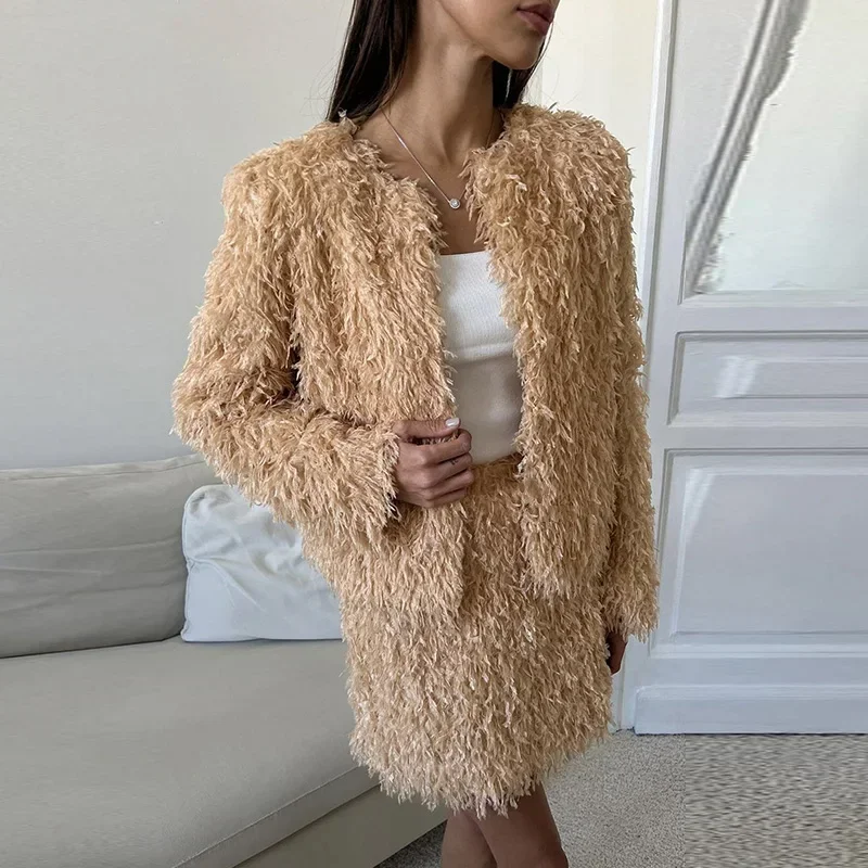 New Women 2 Piece Set Casual Fluffy Tassel Long Sleeve O-neck Cardigan Coat A-line Skirt Fall Winter Lady All-matching Outfits