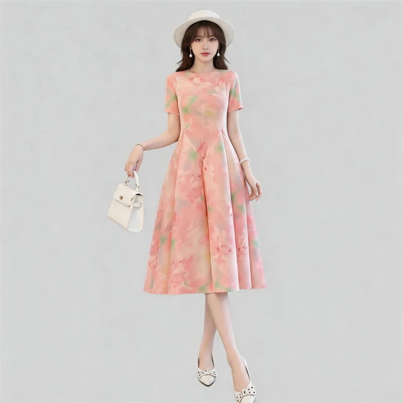 

Miyake Pleated Resort Style Printed Round Neck Short Sleeve Loose Casual Elegant Dress