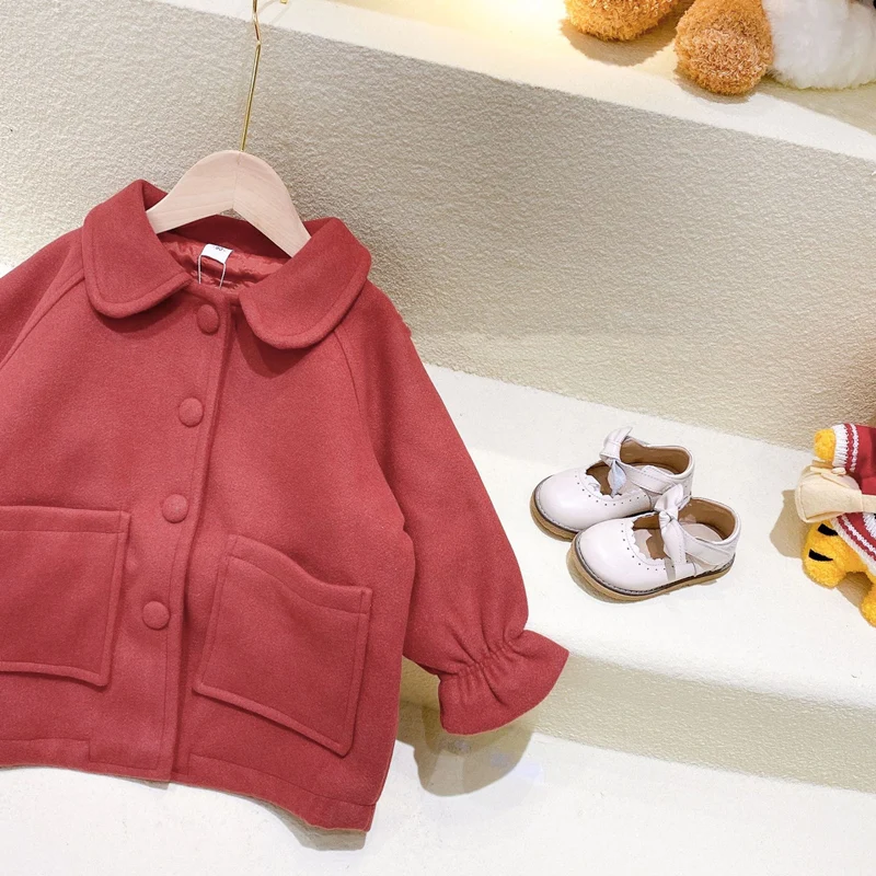 Girls Woolen Coat Jacket Cotton Outwear Overcoat 2022 Red Warm Thicken Plus Velvet Winter Autumn High Quality Children's Clothin