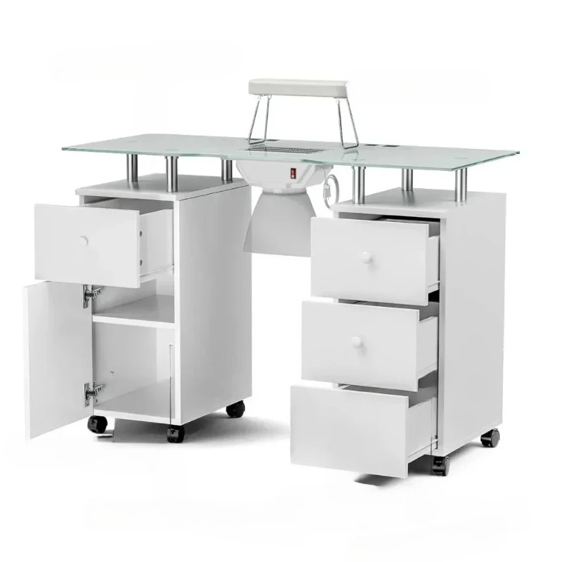 

# l Стол для гвоздей со стеклянной столешницей, складными подлокотниками, запираемыми колесами, ящиком для хранения гвоздей - белый