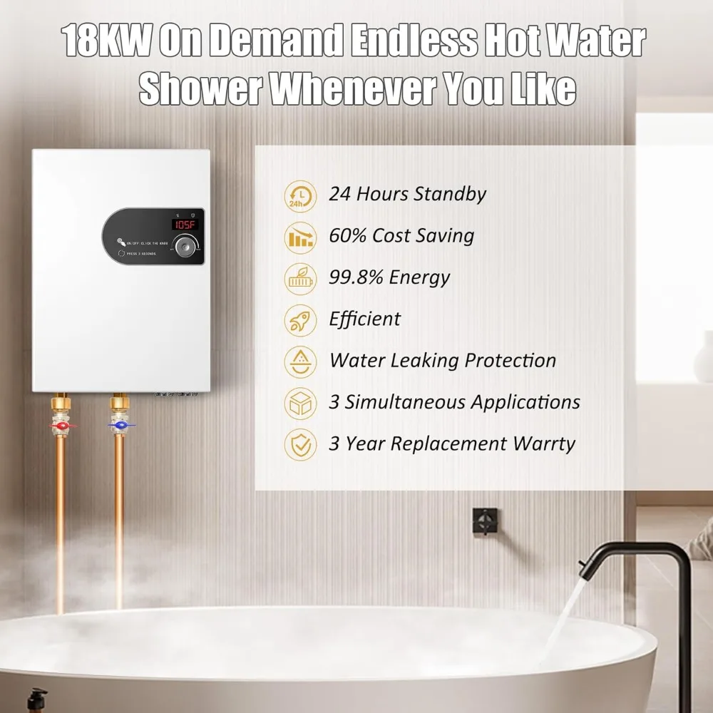 Upgraded 18KW Tankless Water Heater Electric, Electric Tankless Water Heater 240V with Self Modulates to Save Water Heater