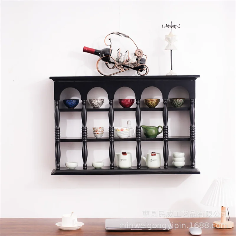 

Chinese wooden teacup storage cabinet retro solid wood coffee cup display rack home wall hanging wooden three-layer