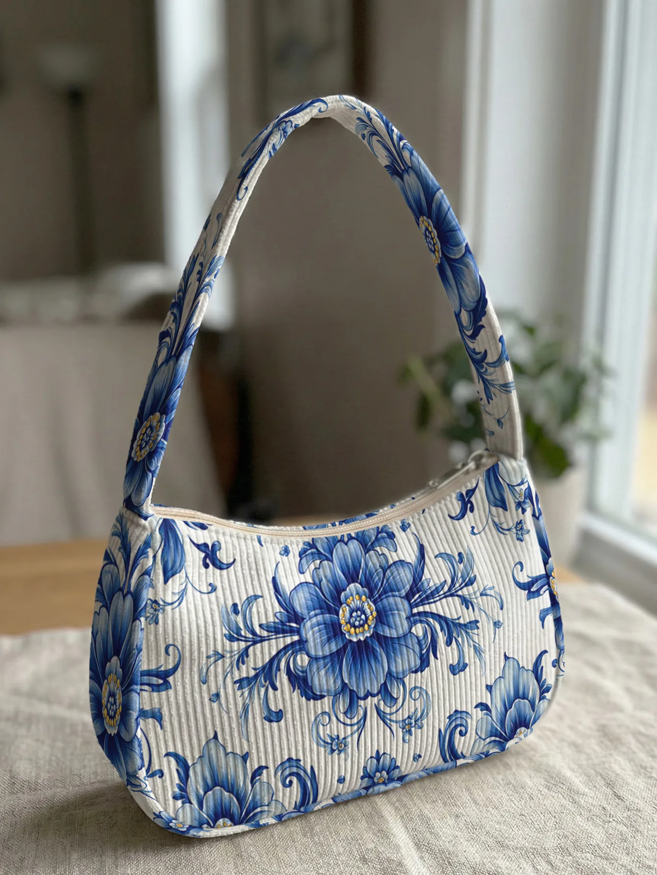Trendy Blue Floral Print Shoulder Bag, White Corduroy Underarm Bag for Daily Casual Use