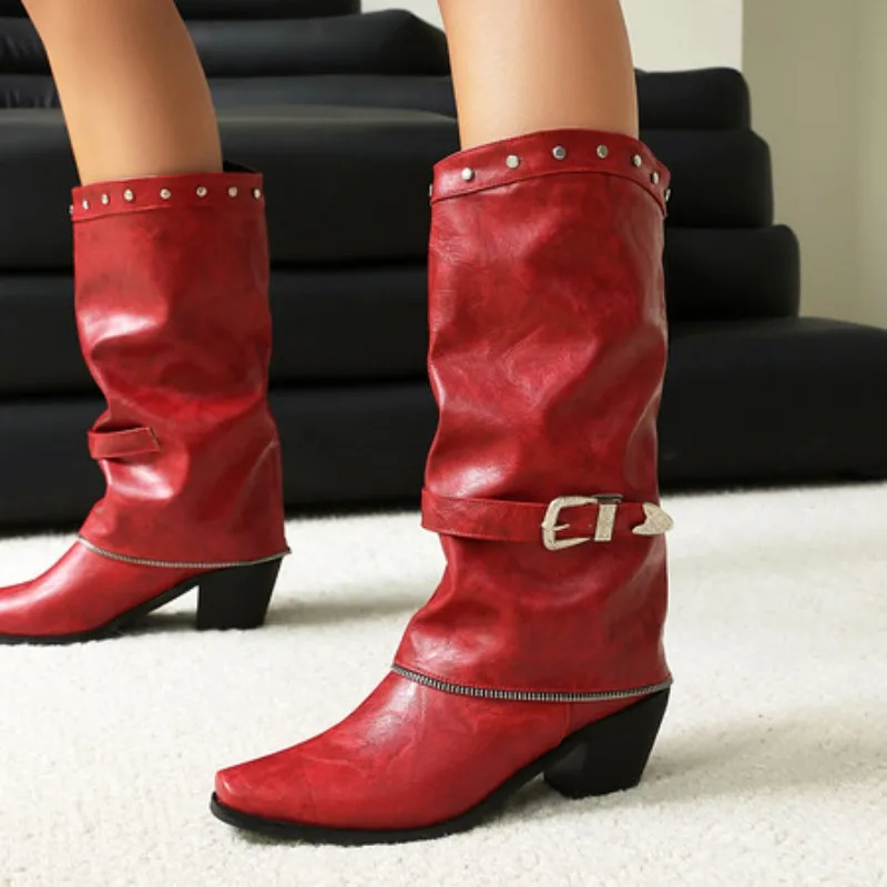 

Plus Size 45 Rivet PU Material Knee Boots Small Square Toe Thick Heel Breathable New Vintage Western Boots