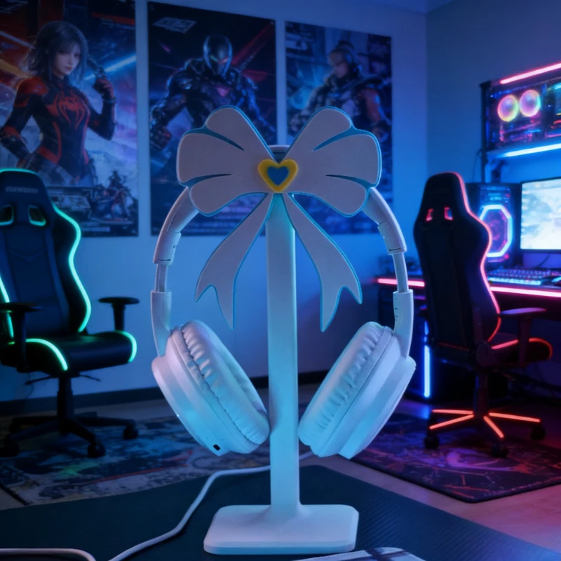 

Bowknot Headphone Stand with Heart Accent Pink/Blue Desktop Headset Holder for Gaming Setup Cute Earphone Storage Rack for Girls