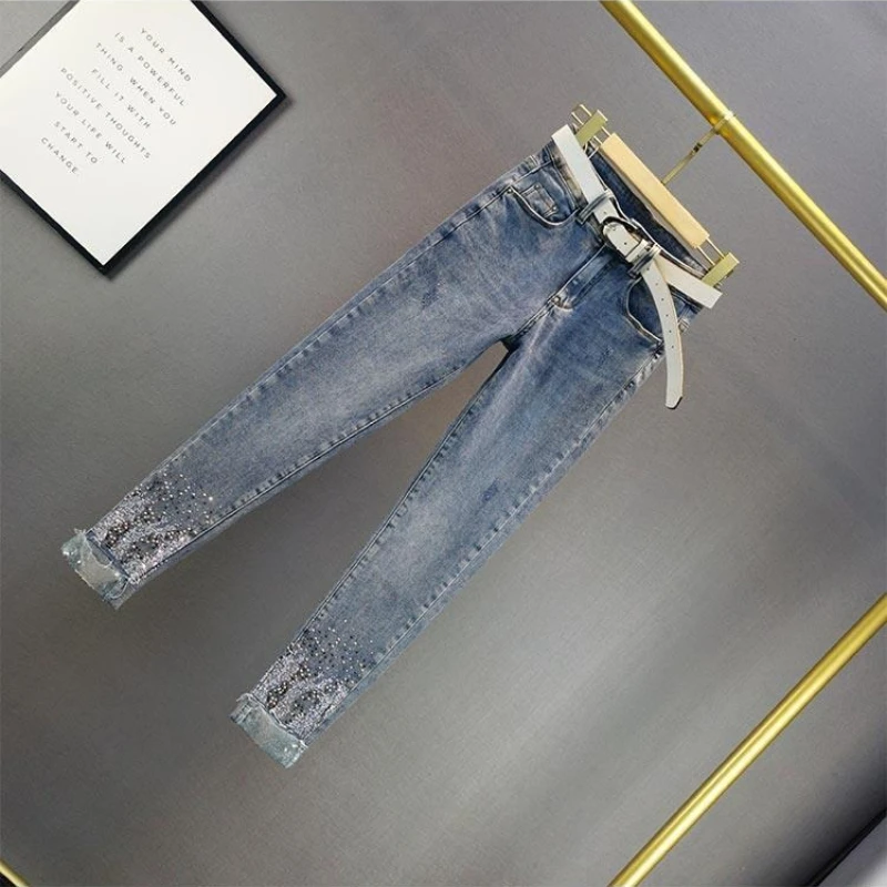 

Slimming Body-Shaping Women's Skinny Jeans High Waist Ankle-Length with Sparkle Crystals Summer European Fashion New Arrivals