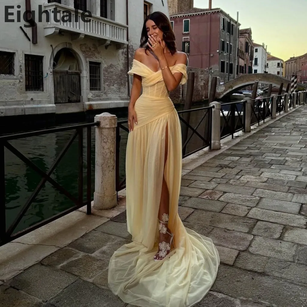 

Eightale Yellow Tulle Maxi Evening Dress Off-Shoulder Prom Dress Mermaid Floor-Length Maxi Party Gown Customized