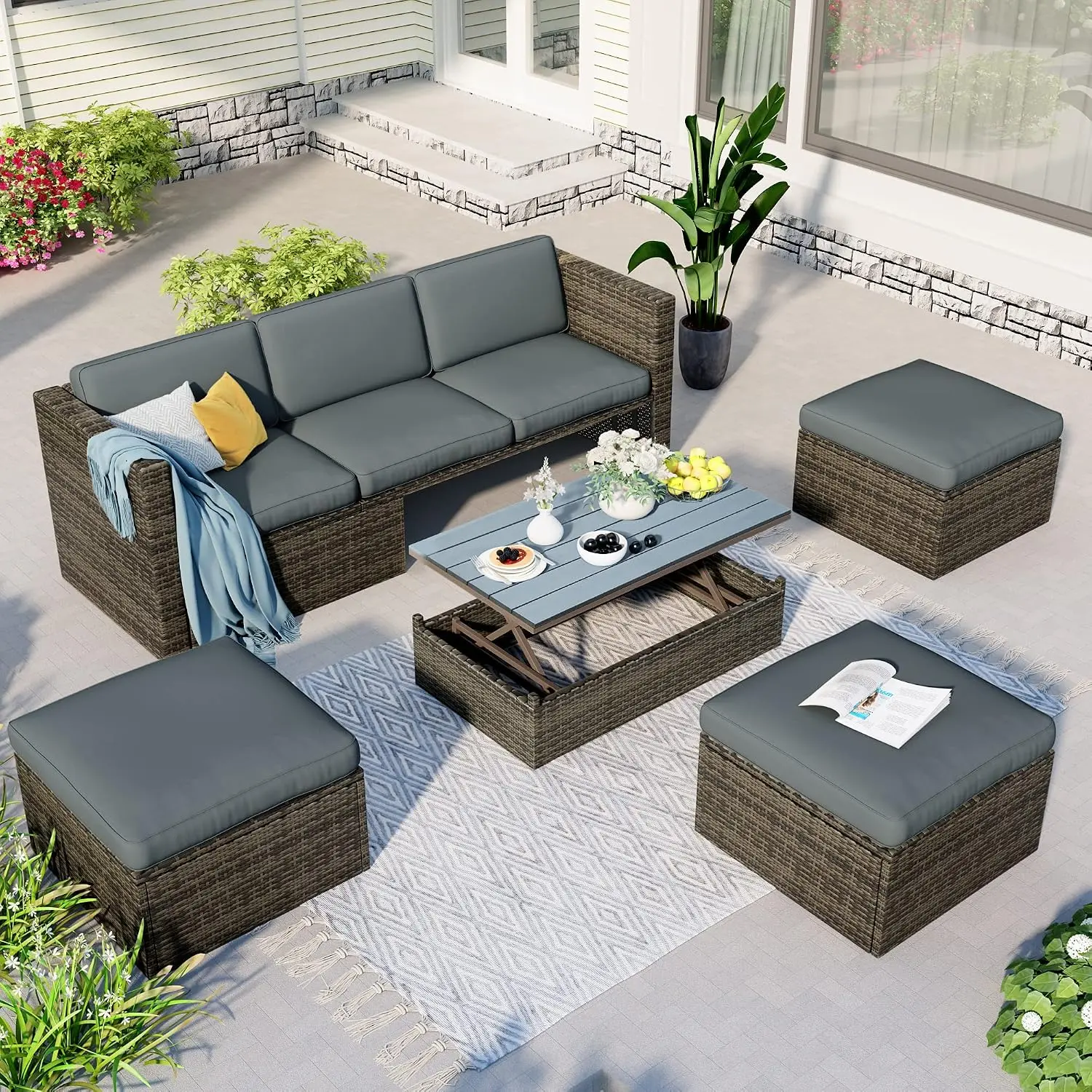 5 Piece PE Wicker Patio Sofa Set with Adjustable Backrest, Cushions, Ottomans & Lift Top Coffee Table, Customized