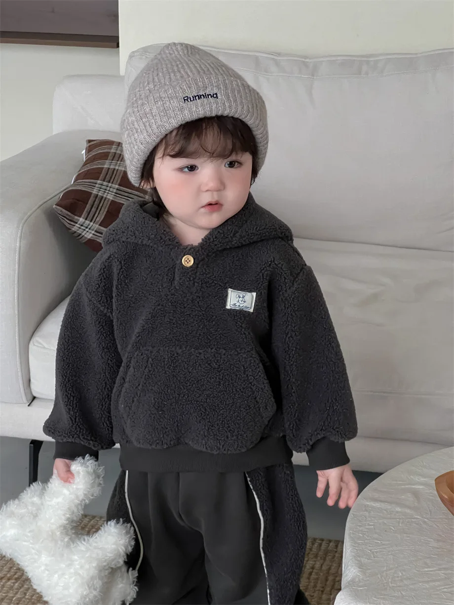 2024 Winter New Baby Boys Fleece Hooded Sweatshirt + Pants 2pcs Suit Infant Plus Velvet Thick Warm Clothes Set Toddler Outfits