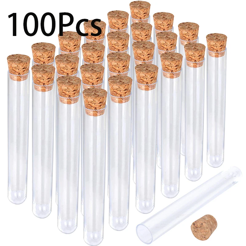 

100Pcs 10ml 15x100mm Lab Clear Plastic Test Tubes with Corks Stoppers for Wedding Laboratory School Using