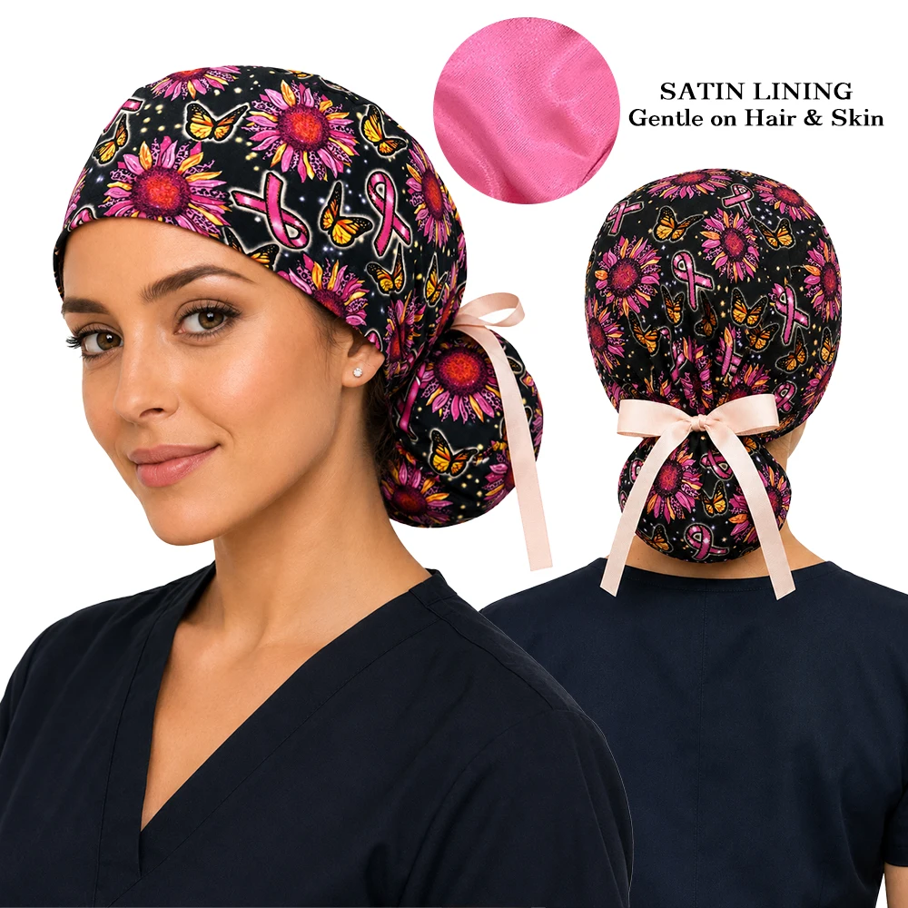 Ponytail Scrub Caps Women Doctor Nurse Medical Nursing Caps Satin Lining Soft Breathable Aesthetic Skullcaps C1350