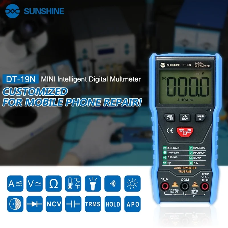 SUNSHINE DT-19N Universal High Precision Multimeter for Mobile Phone Repair Portable Smart Digital AC DC Resistance Tester