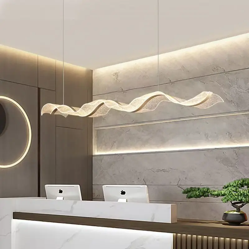 Minimalist Wave Acrylic Chandelier Long Strip Light Pendant Ribbon Art for Front Desk Dining Room or Bar Design