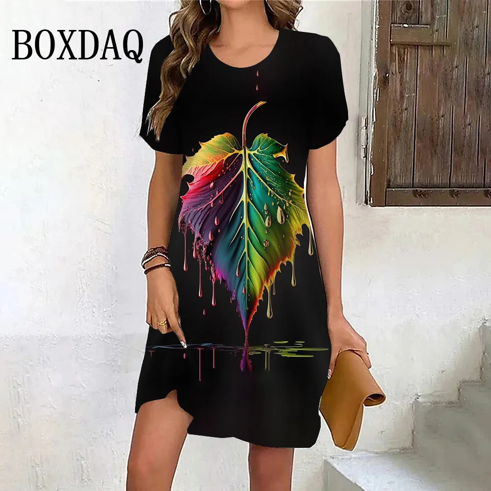 Fashion Oversized Clothing Tie Dye Leaves 3D Print Women Dress Summer Casual Ladies Short Sleeve O-Neck Loose Plus Size Dresses