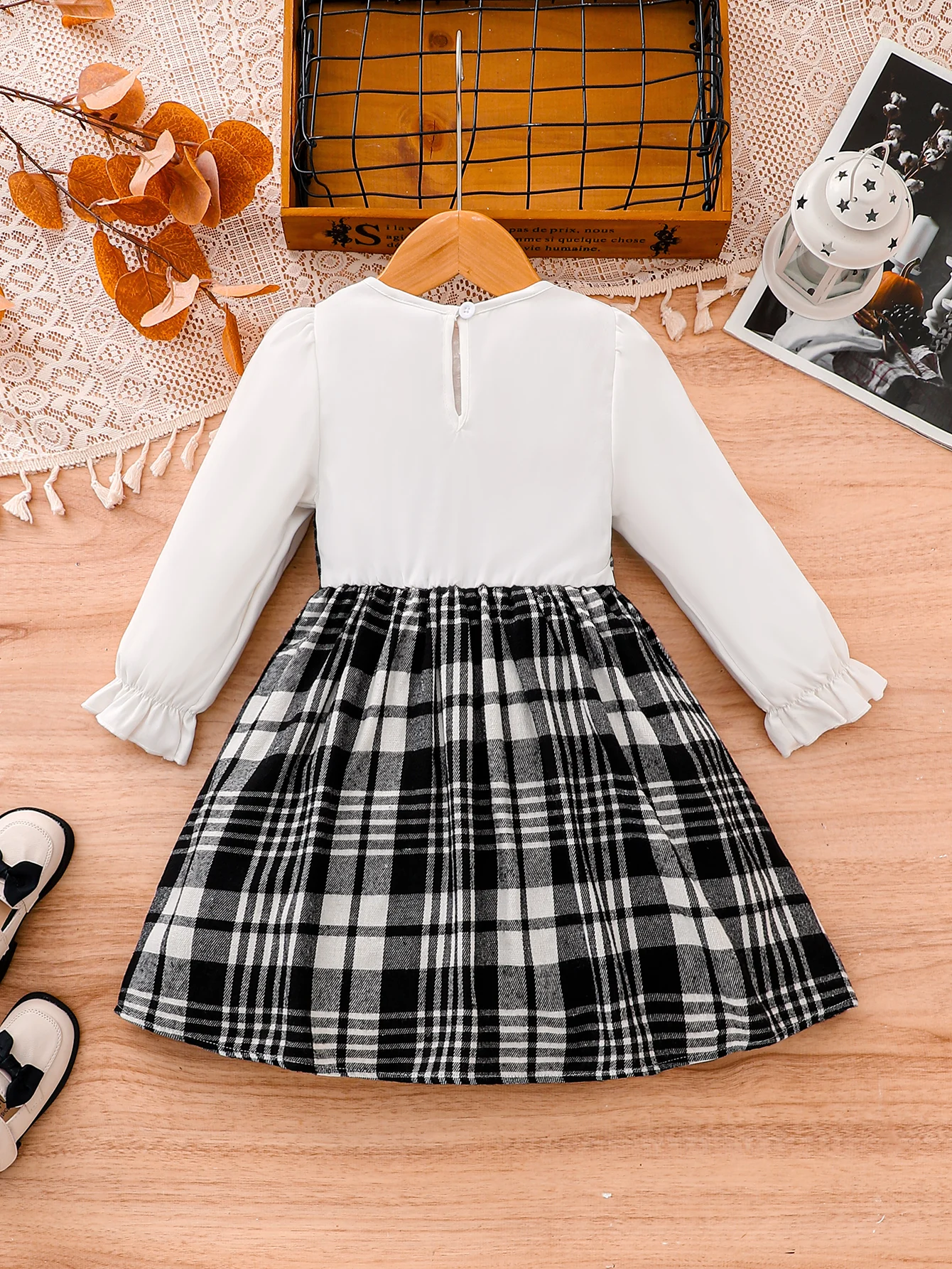 Girls Spring Autumn Plaid Two-Piece Black White Gingham Dress with Strap Vestidos Infantil Primavera Otoño Dos Piezas