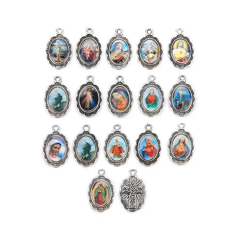 50Pcs Collection Catholic Pendants Holy Medals Charms Enamel Religious 19mm