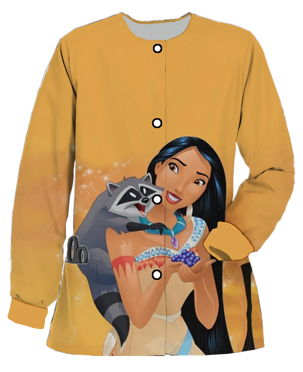 بدلة الطبيب ديزني بوكا دوك الأميرة المرأة ملابس منقوشة بكم طويل زر بدلة جراحية جديدة سترة فضفاضة غير رسمية