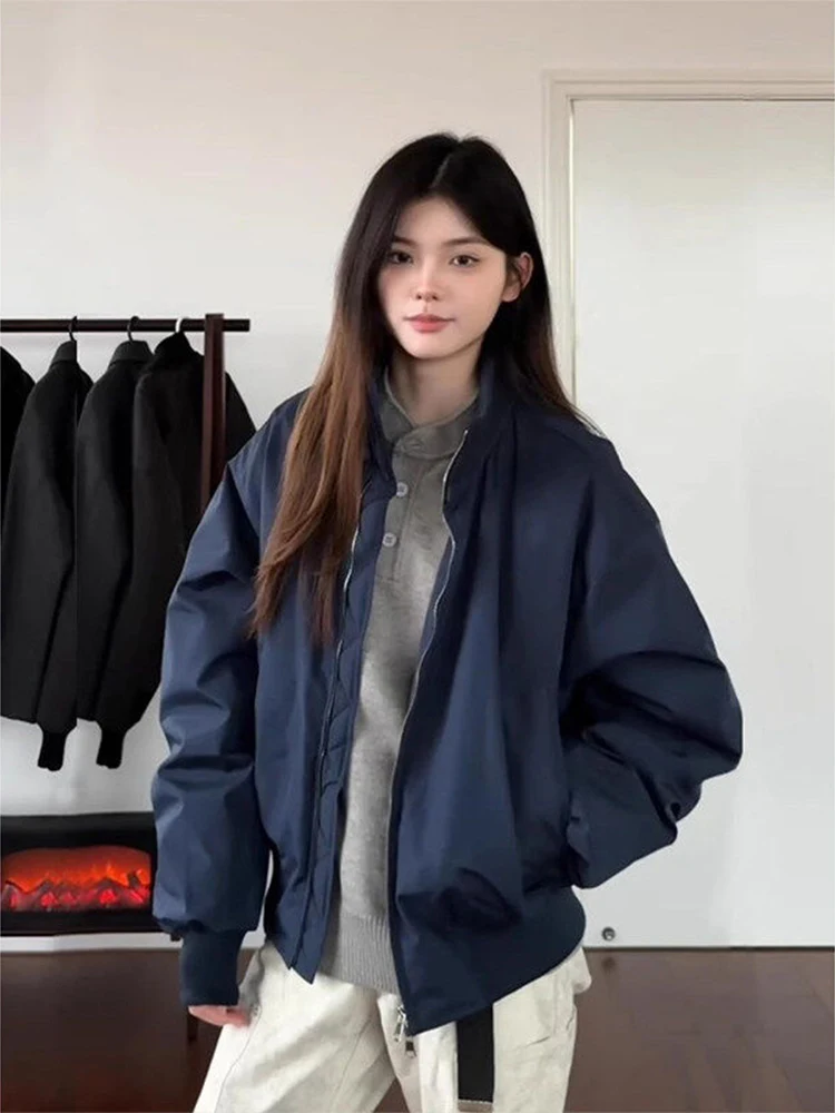 

Синяя американская летная куртка-бомбер из хлопка для мужчин, утепленная, на молнии, однотонная, из полиэфирного волокна, для зимы