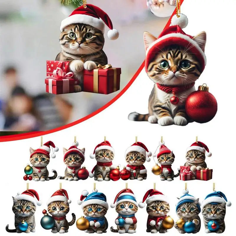 Cute Cat Christmas Ornament acrylic Santa hat kitten Christmas tree Pendant Party Supplies For Door Car Rearview Mirror Window