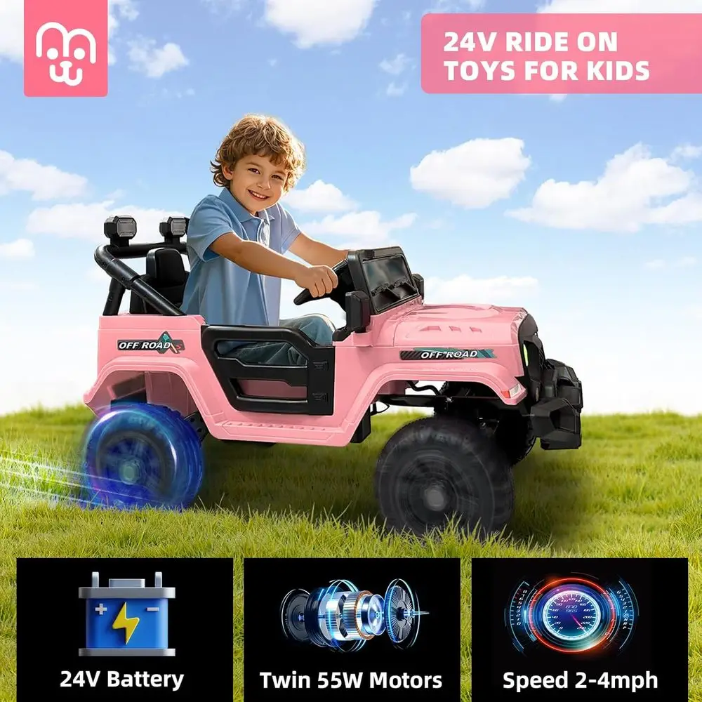 Voiture de camion électrique pour enfants 24V avec télécommande, moteurs doubles 55W, vitesse maximale de 4MPH, lecteur de musique Bluetooth, suspension à 4 roues