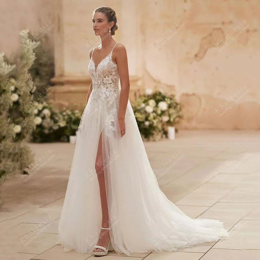 ヴィンテージウェディングドレス A ラインチュールティアードブライダルドレスレースアップリケセクシーなハイスリットローブ Vestidos デノビアカスタマイズ 2025