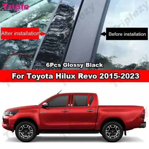 Negro Piano brillante puerta de coche ventana centro columna media B C Pilar cubierta de poste efecto espejo embellecedor para Toyota Hilux Revo 2015-2023