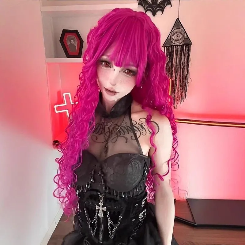 Pink Wig Women's Curly Full Head Wigs Long Bangs Magenta Pink Synthetic Fiber Cosplay Wig High Volume Side Part Anime Wig - view 2