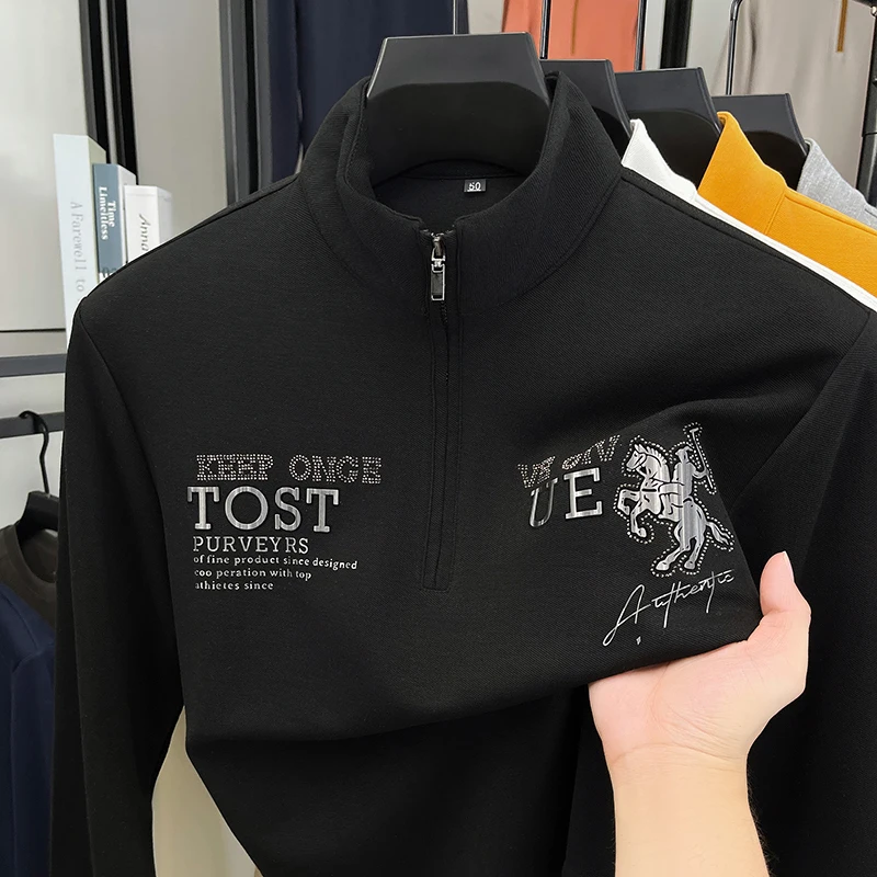Original Luxury Man Long Sleeves Hoodie Half-Zip Design Korean-Style Horse Stamp Mock Neck T-Shirt Fashion Casual Men's Clothing