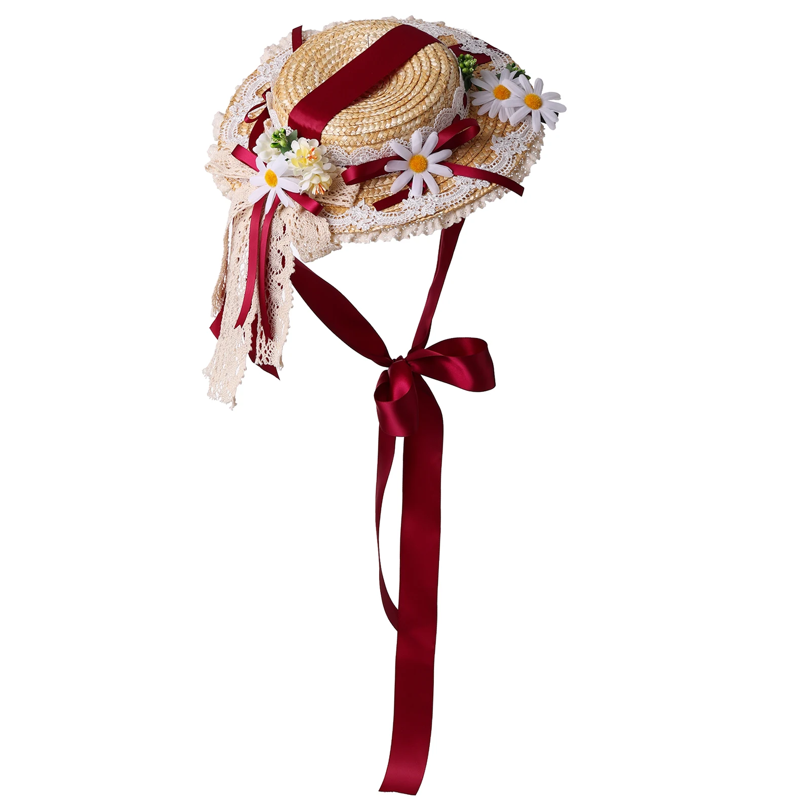 Lolita Straw Hat Women Girl Victorian Pastoral Style Lace Bonnet Hats For Costume Tea Party Flat Cap