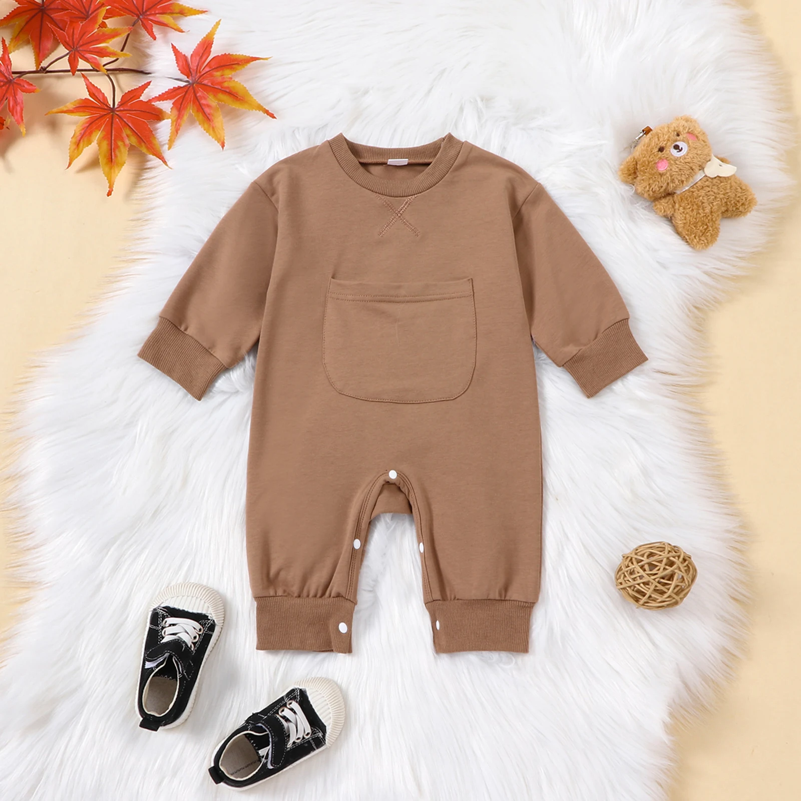 Mildsown Baby Boys Girls Fall Jumpsuits Cute Solid Color Long Sleeve Front Pocket Rompers Newborn Casual Sweatshirt Outfit