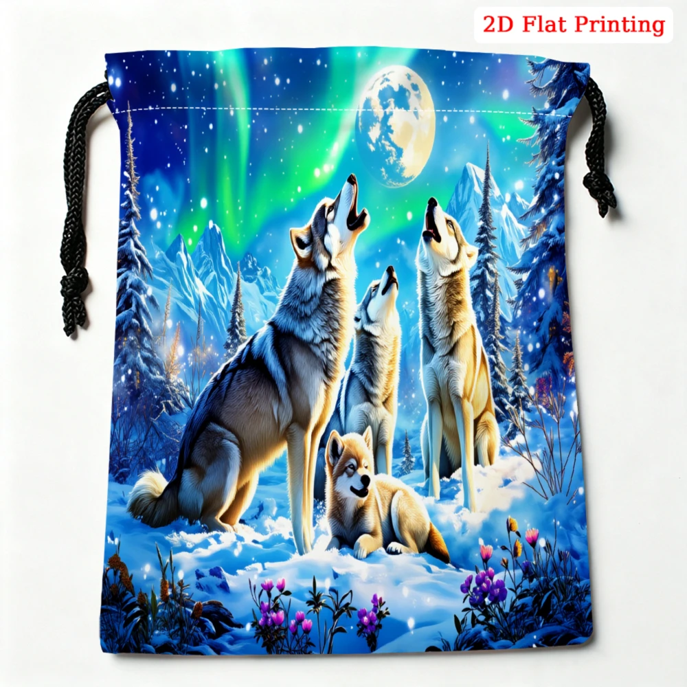 1Pc Wolf Howling At Moon Aurora Drawstring Bag Blue Winter Snow Pattern Storage Small Pouch Travel Gym Organizer For Adults Ligh
