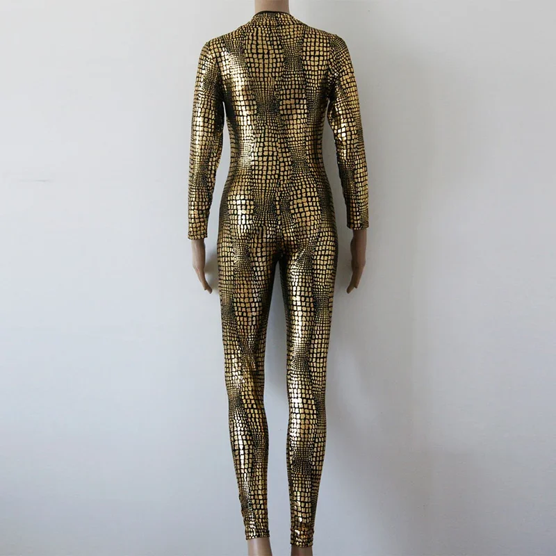 Sexy Faux Leather Snake Skin Jumpsuit For Women Vinyl Jumpsuit Gold Leather Bodysuit Spandex PVC Latex Wet Look Catsuit