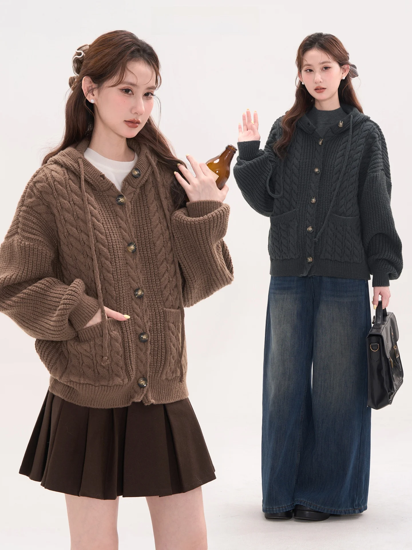 

Korean Sle Women's Knitted Hat Sweater Thiened Autumn Winter Cardigan Coat Baked Cry Twist Long Sve Loose Fit Top