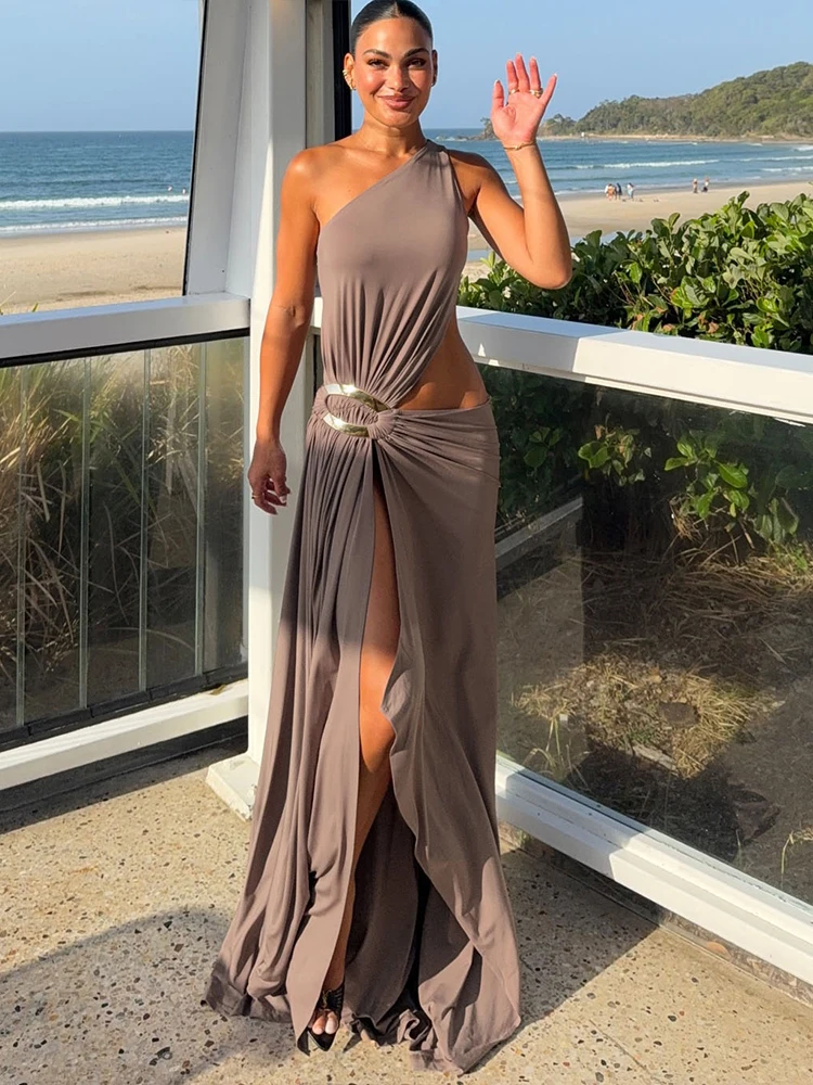 Leosoxs Kleid mit Metallschnalle für Damen, hohl, tailliert, Skew-Kragen, ärmellos, hoher Schlitz, elegant, Stretch, klassisch, Sommer, figurbetont