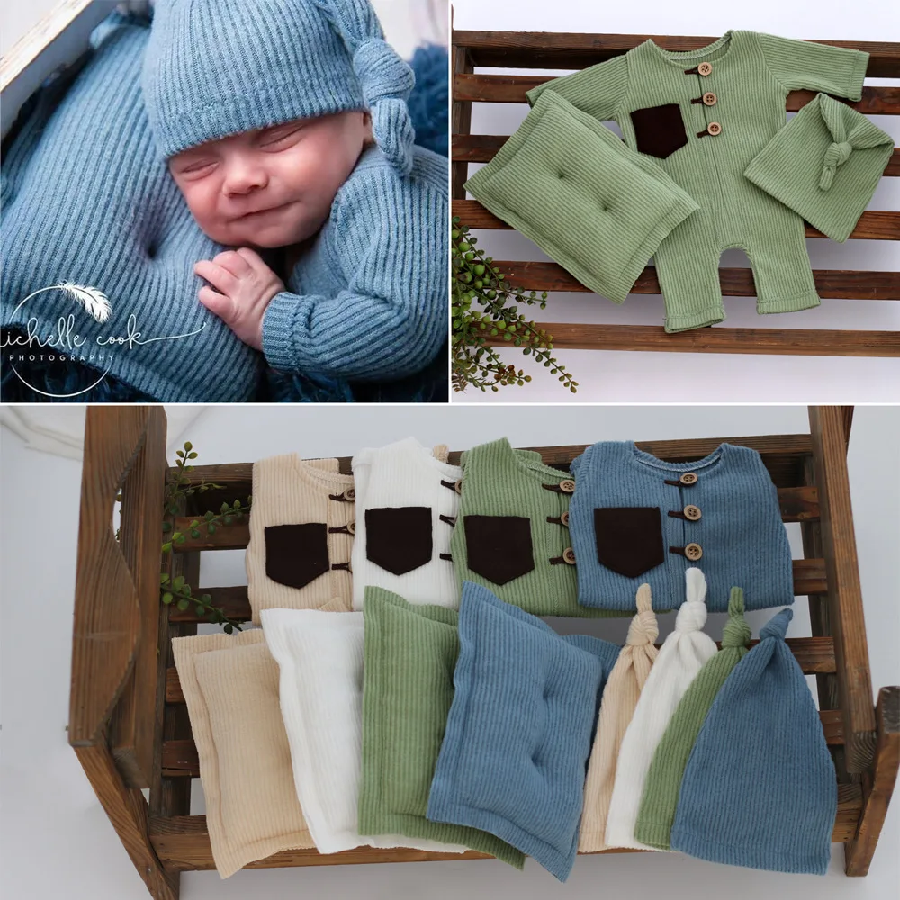 Baby Romper Hat Pillow 3PCS/Set Newborn Photography Props Knitted Bodysuit Long Tail Cap Kit Infants Photo Shooting Jumpsuit