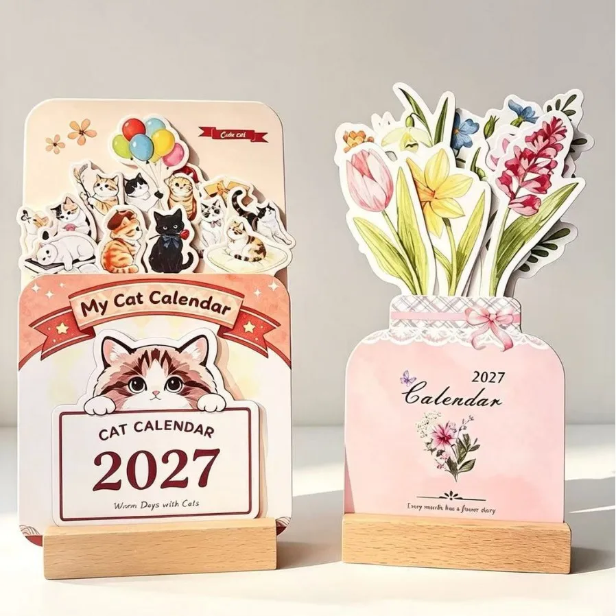Mini Desk Calendar 2027 Notepad Planner with Natural Solid Wood Base and Replaceable Paper Pages for Office Home Study Use