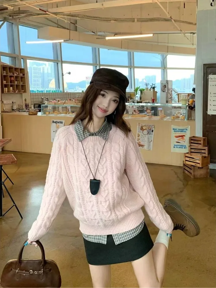 Loose Fit Women's Pink Twisted Knit Sweater Autumn Winter Lazy Sle Overhead Inner Wear Soft Comfortable Long Sve round Ne