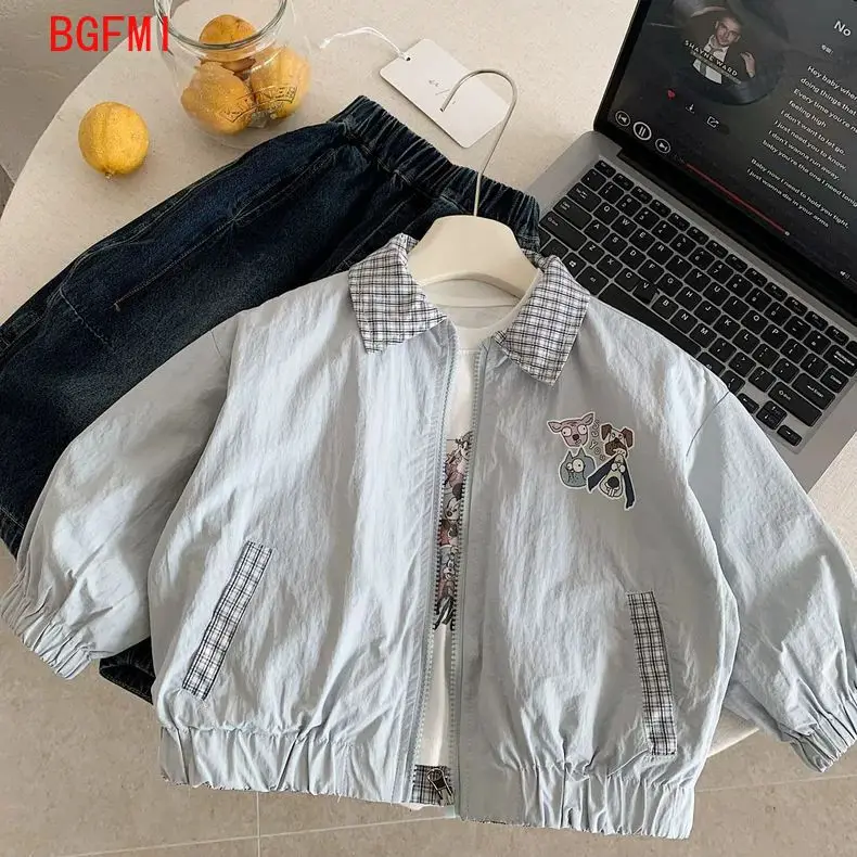 Boy Cartoon Outdoor Clothes for Children Japan 2026 Spring Autumn New Plaid Jacket Girl Reversible Kids Tops Siblings Clothes
