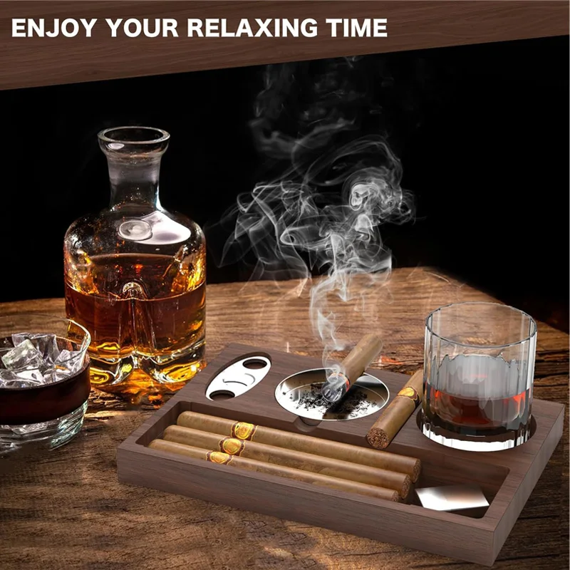 New Cigar Ashtray with Cigar Cutter Cigar Accessories Whiskey Glass Tray Detachable Outdoor 7 Slots Cigar Holder Gift for Men