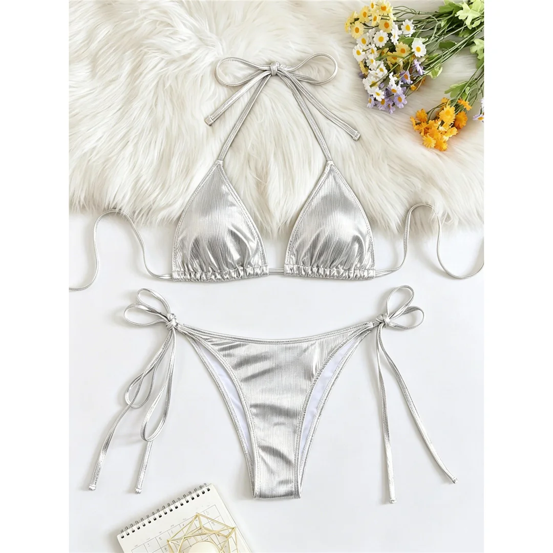 Gerippter Neckholder-Bikini mit Trägern, Damen-Badeanzug, zweiteiliges Bikini-Set, hoch geschnittene Beine, Badebekleidung, Badeanzug, V8382 – Detail 10