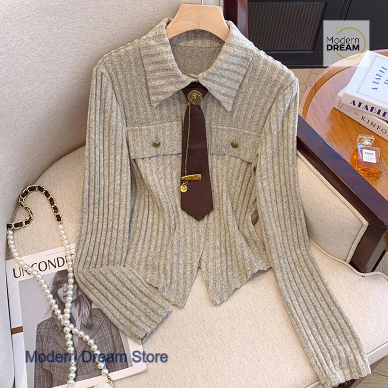 تصميم كوري غير منتظم بأكمام طويلة قميص نحيل طية صدر السترة الإناث الربيع والخريف ربطة عنق جامعية جديدة قميص نحيف عادية جوكر شيك الأعلى. #5